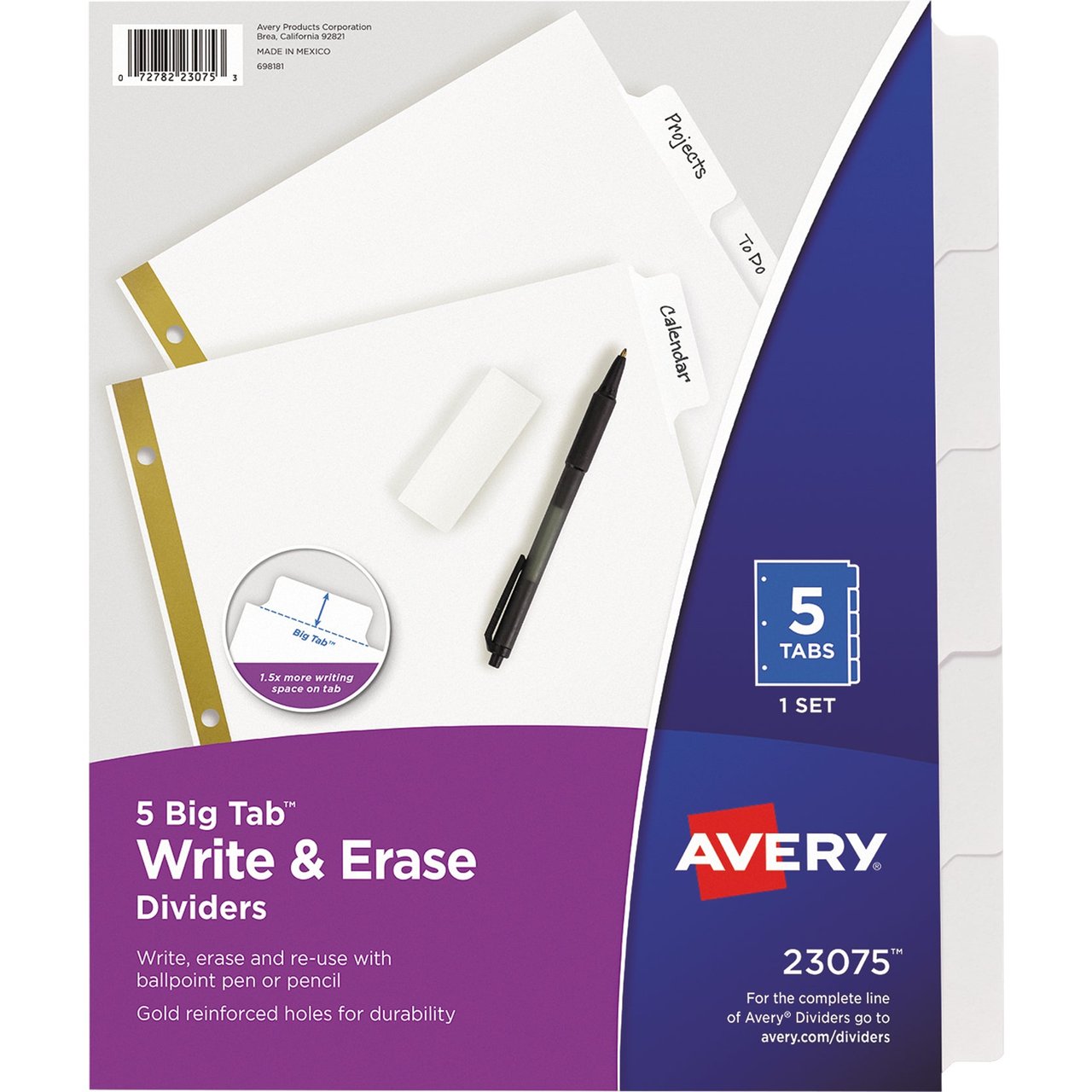 Avery Write & Erase Big Tab Index Dividers AVE23075, 5-Tab, 6-Pack