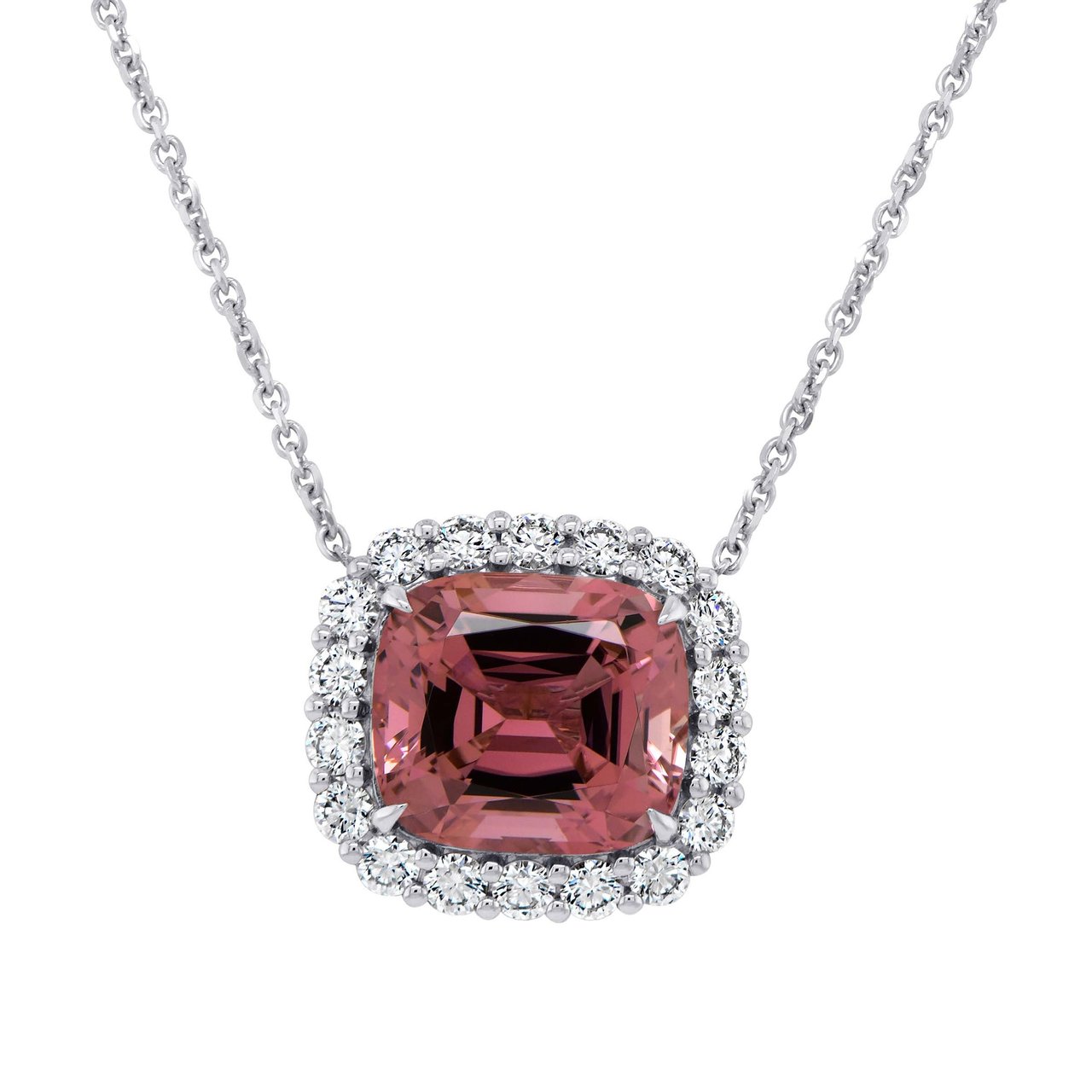7.86 CTW Cushion Pink Tourmaline & 1.17 CTW Diamond 18kt White Gold Pendant - Image 1