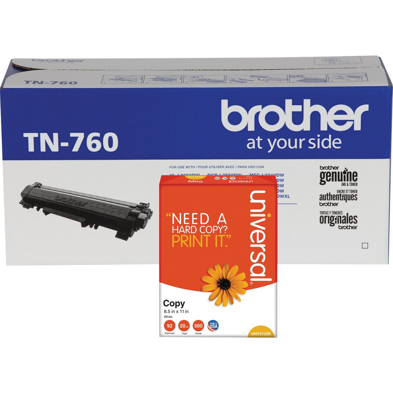 Brother High Yield Black Toner Cartridge TN760, 2-Pack with Bonus Ream of Paper