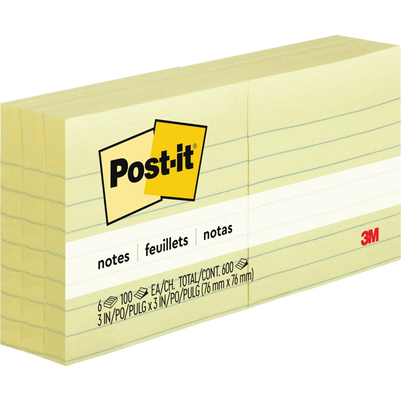 Post-it Note Pads, Canary Yellow, Ruled, 3" x 3", 6-Pack
