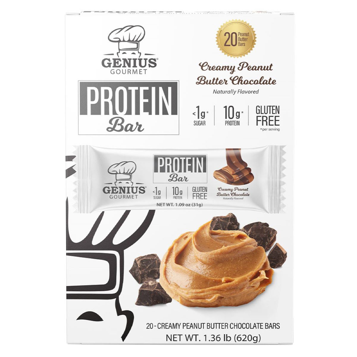 Genius Gourmet Creamy Peanut Butter Chocolate Protein Bars, 20 CT (1.32 lbs) - Image 1