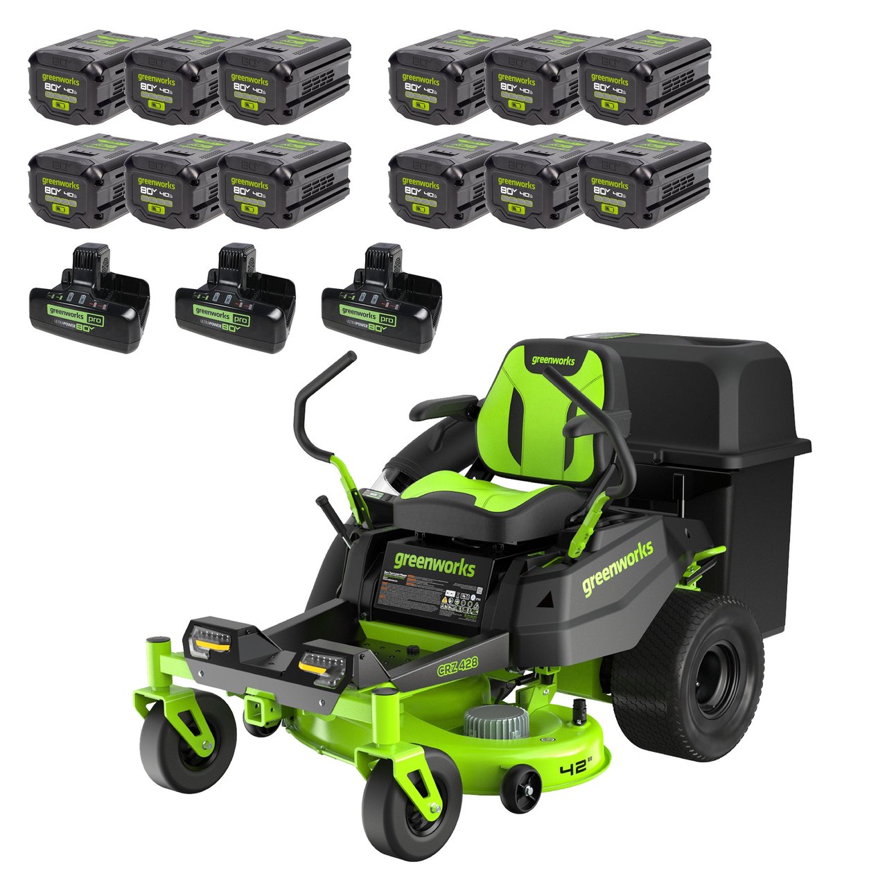Greenworks 80V 42" Zero Turn Riding Mower with Bagger, 12 Batteries & 3 Dual Port Chargers - Image 1