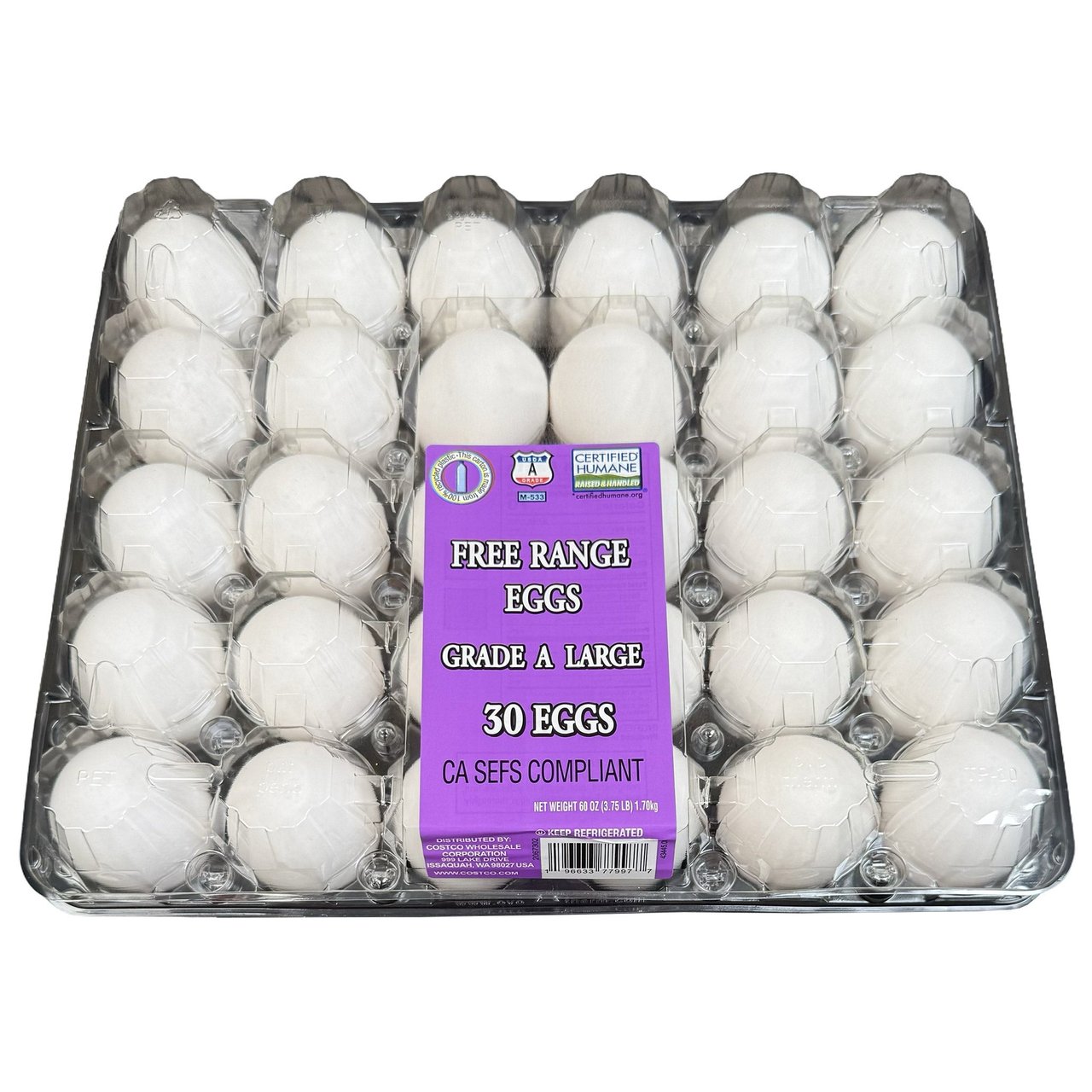 Kirkland Signature Free Range Large Eggs USDA Grade A, 2.5 Dozen (30 ct) - Image 1