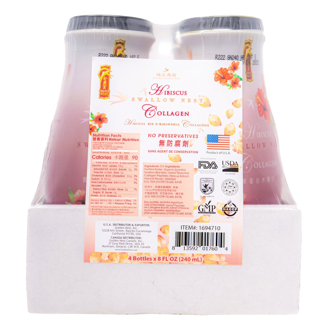 Golden Nest Hibiscus Swallow Bird's Nest Collagen Drink, 4 Pack x 8 fl oz - Image 1