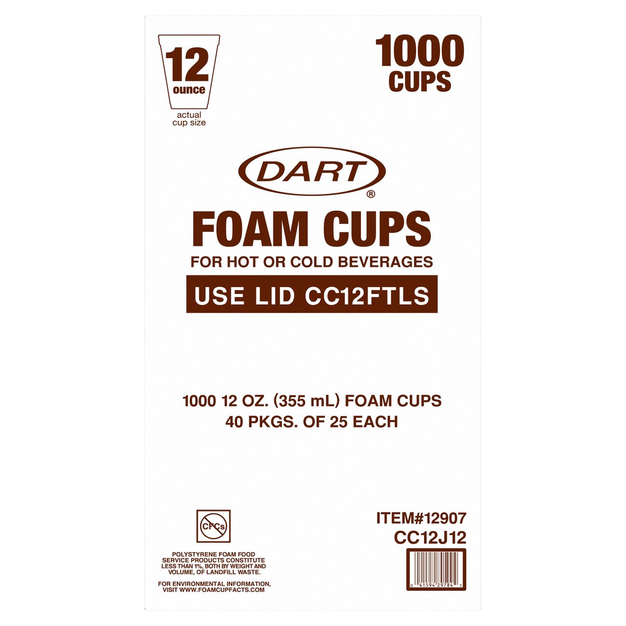 Dart Container Corp 12 oz Foam Cup, 1000 Count - Image 1