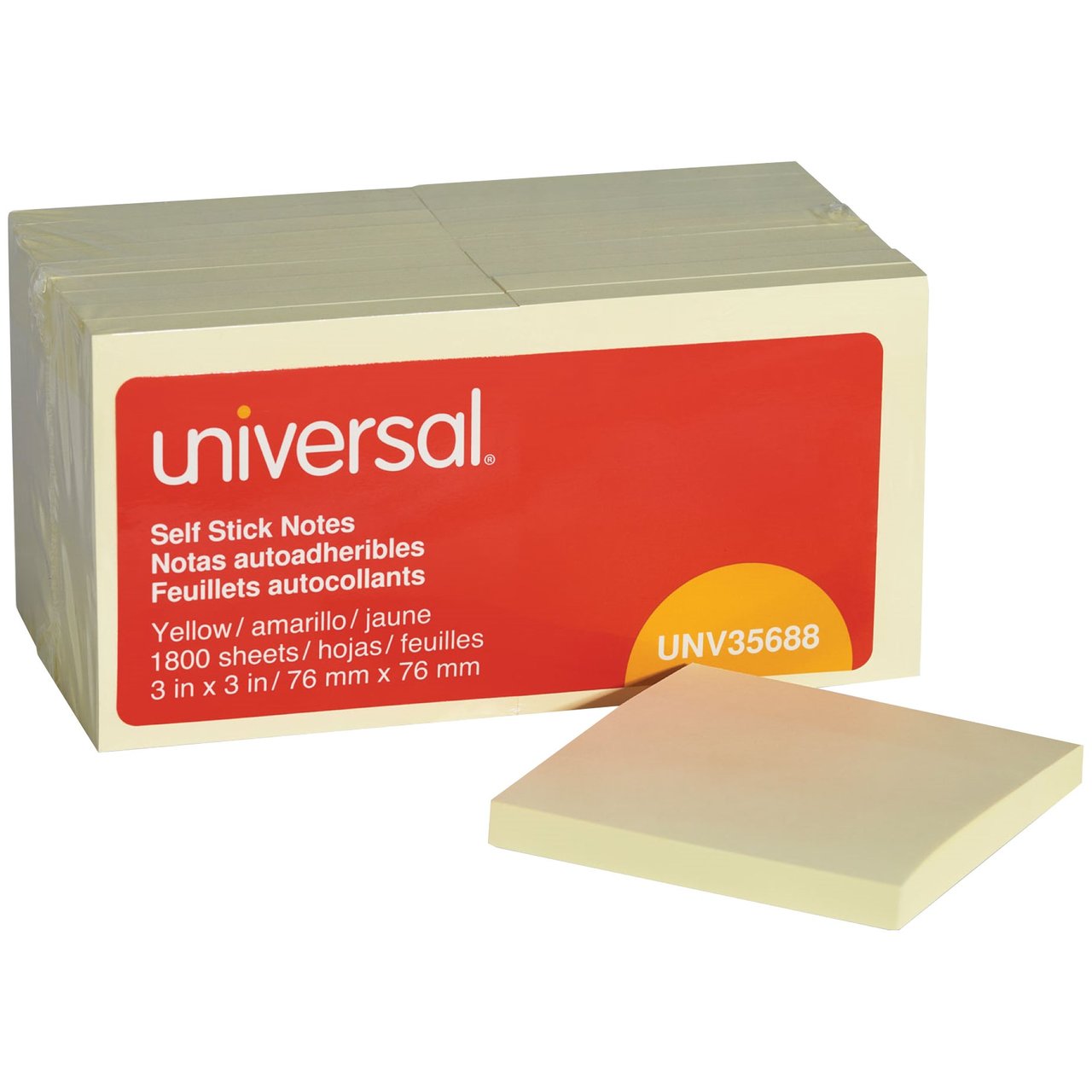 Universal 3x3 Yellow Self-Stick Note Pads, UNV35688, 100 Sheets, 18-Count - Image 1