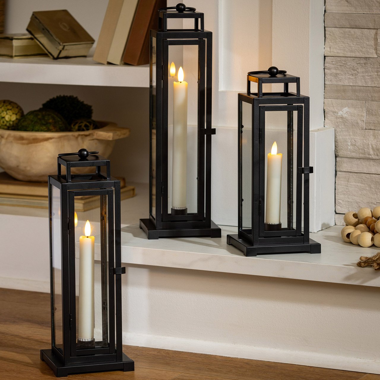 Evergreen Tower Lanterns 3-Pack with LED Tapered Candles