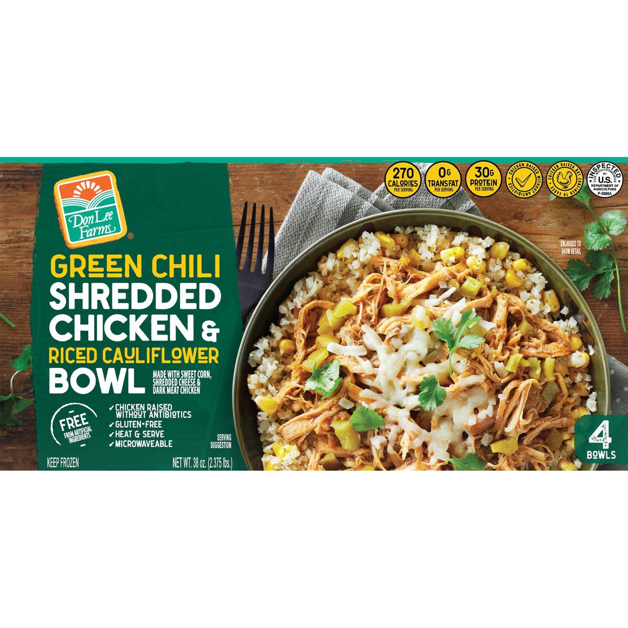 Don Lee Farms Green Chili Shredded Chicken & Cauliflower Rice Bowl, 4 Count, 9.5 oz Each - Image 1