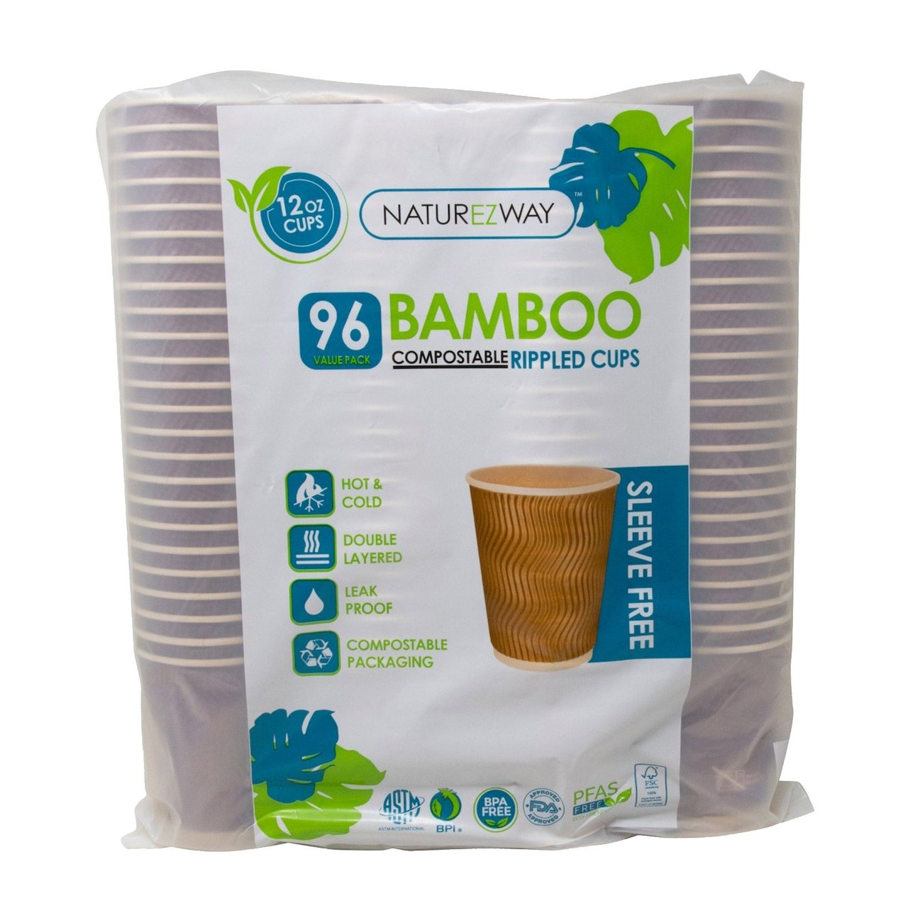 NatureZway Compostable Bamboo Ripple Hot Cups, 96 Cups, 12 oz Each - Image 1