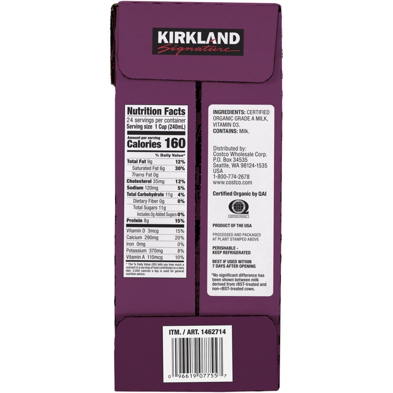 Kirkland Signature Organic A2 Protein Whole Milk, 3 Half-Gallon Containers (6 Quarts) - Image 1