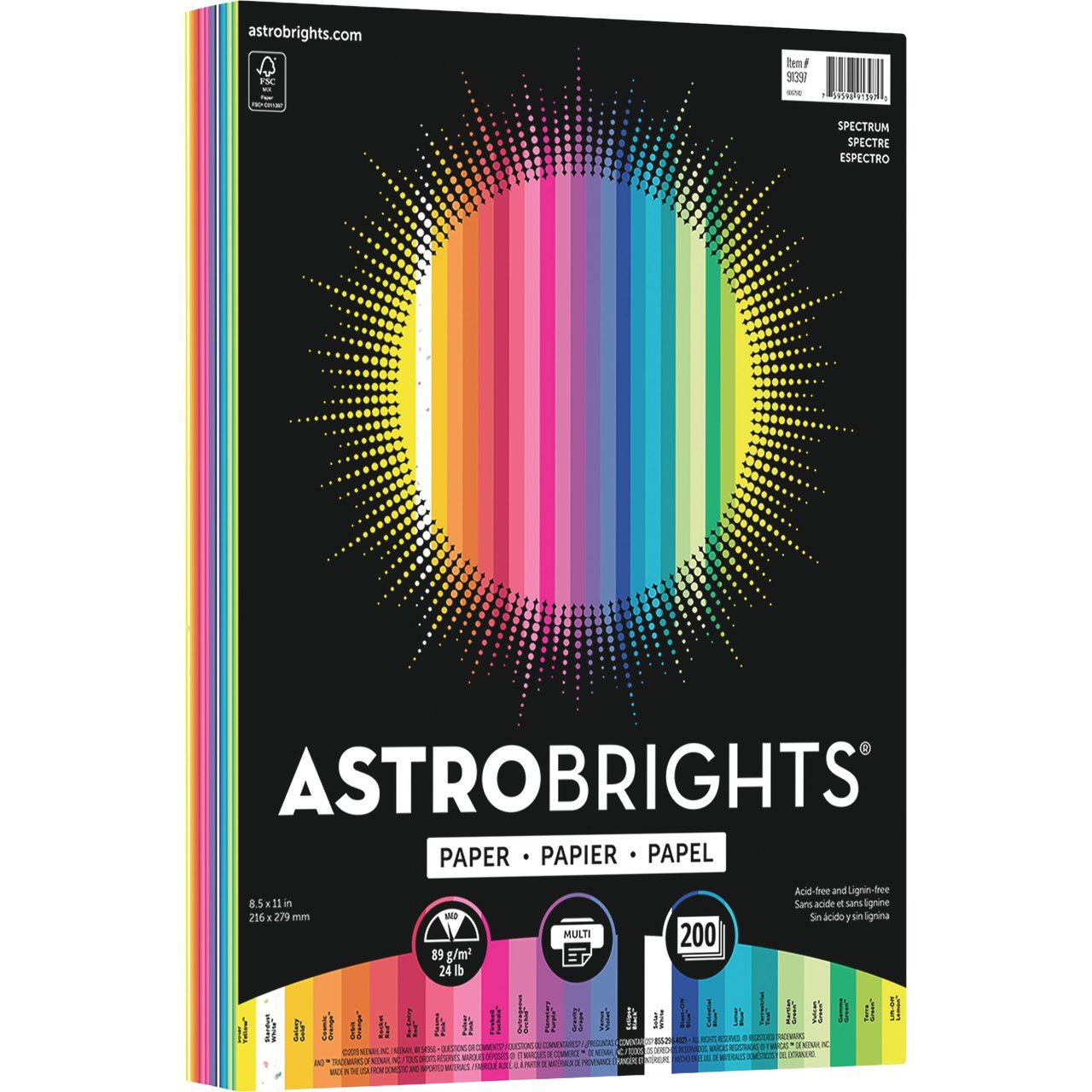 Astrobrights Spectrum 25-Color Assortment Paper, 24 lb, Letter, 200 Sheets (WAU91397) - Image 1