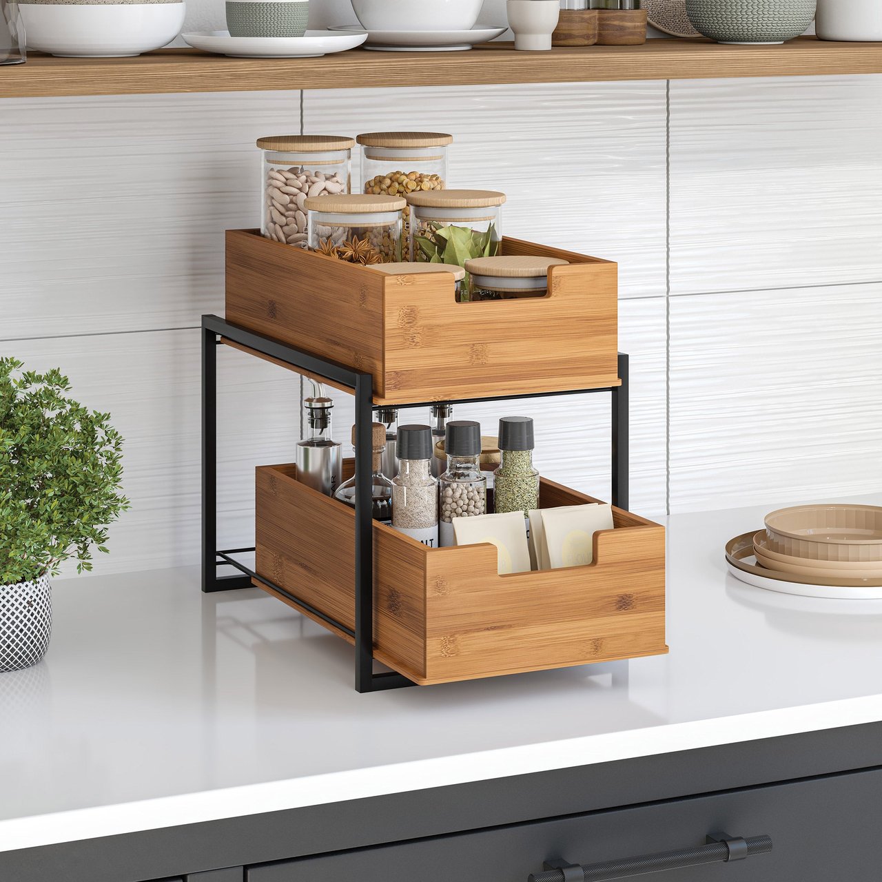 Seville Classics 2-Tier Bamboo Sliding Drawer Organizer - Image 1