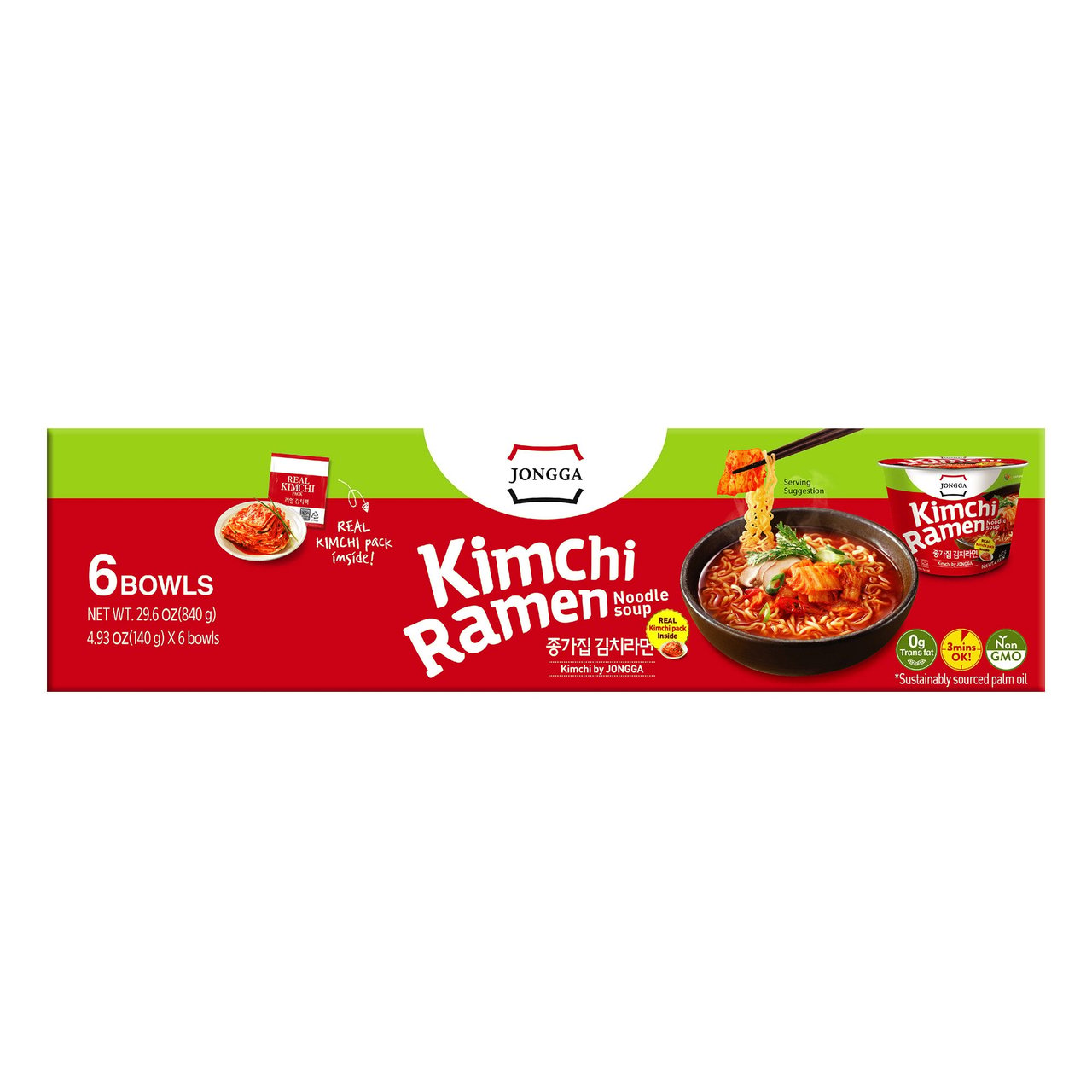 Jongga Kimchi Ramen Bowl 6 Pack 4.9 Ounces Each - Image 1