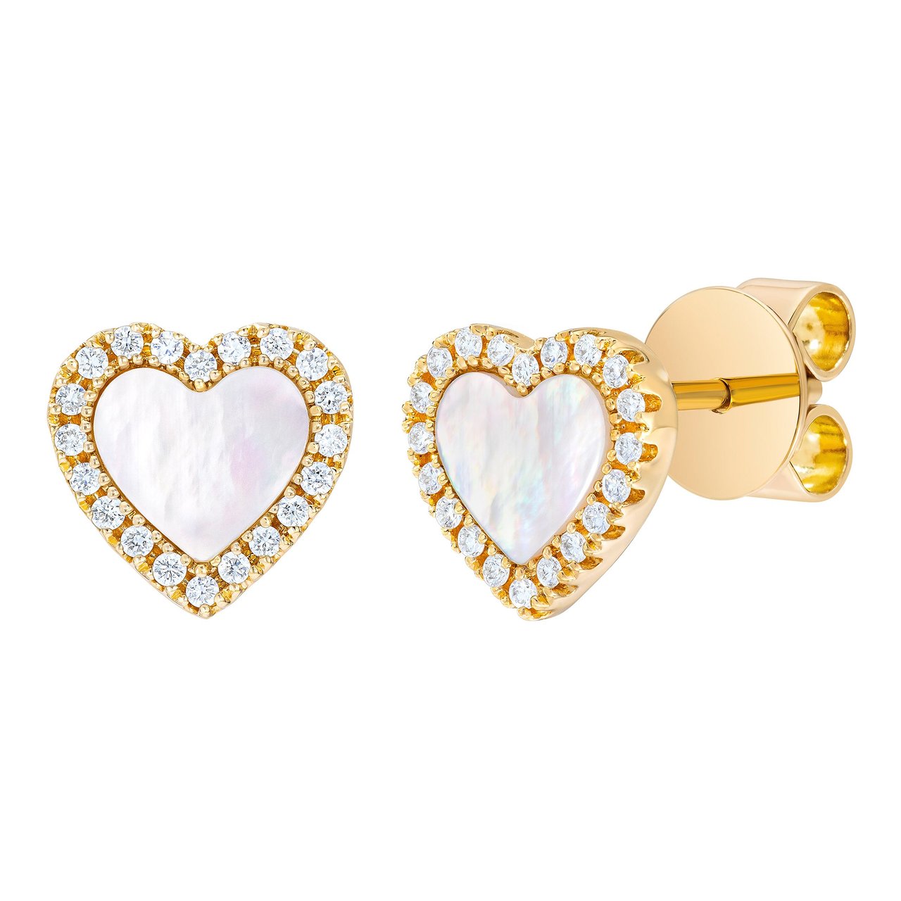 14KT Yellow Gold Diamond Halo & Mother of Pearl Heart Stud Earrings - Image 1