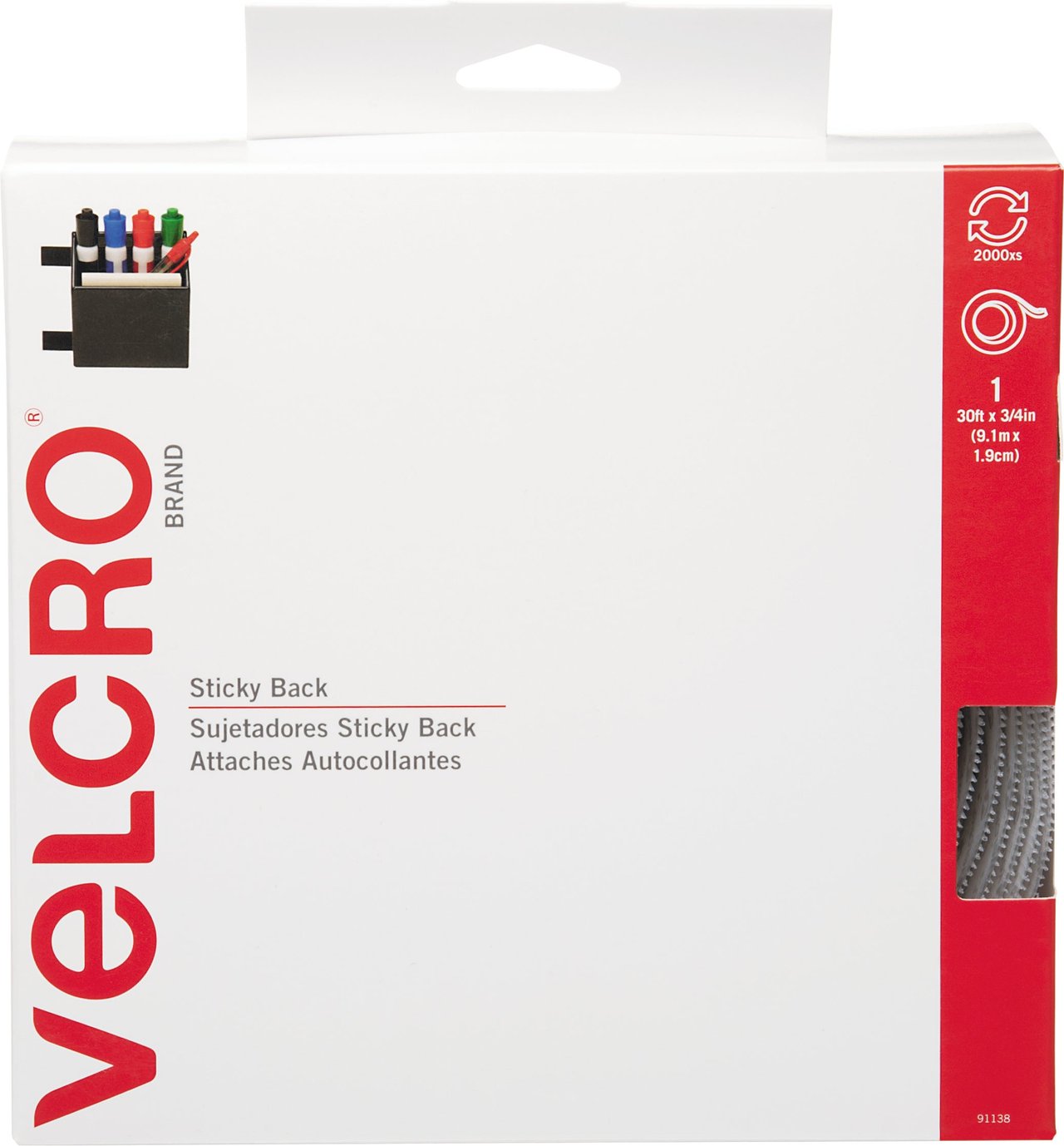 VELCRO Brand Sticky Back Roll, 3/4" x 30 ft, White (VEK91138)