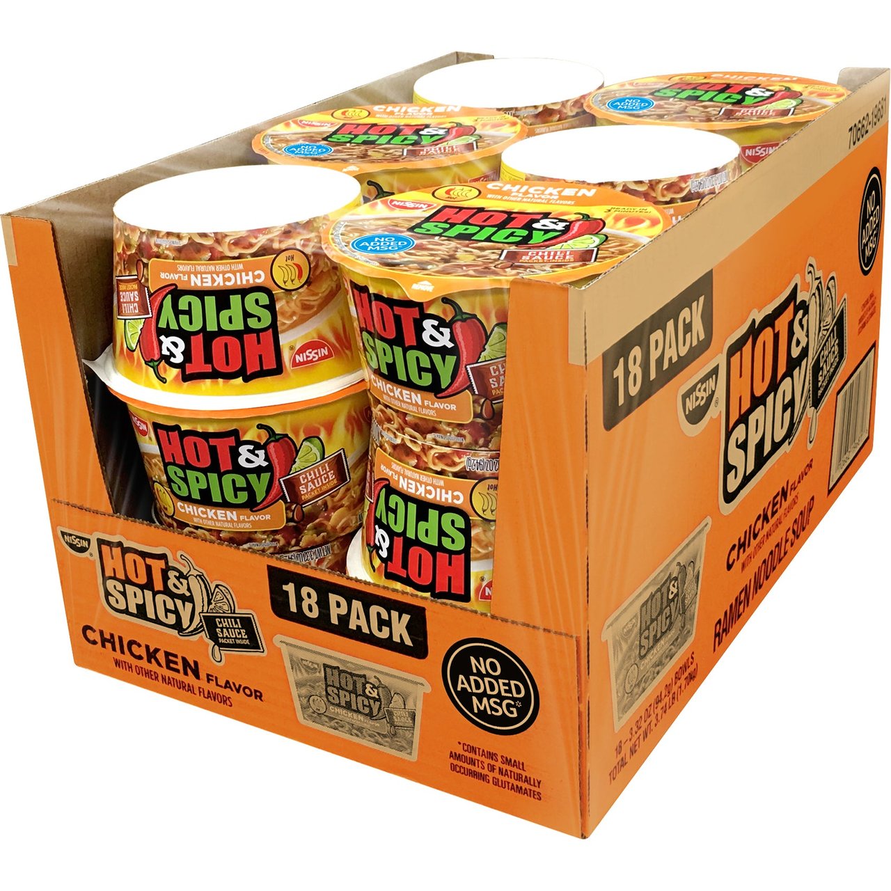 Nissin Hot & Spicy Noodle Bowl, Chicken, 3.32 oz, 18-Count - Image 1