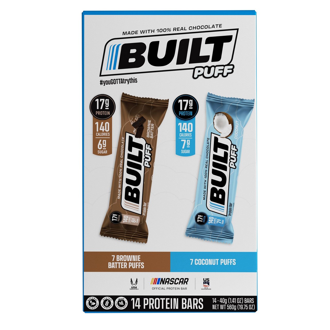 Built Puff Protein Bars, Variety Pack (Brownie Batter & Coconut), 14 Count, 1.41 oz Each