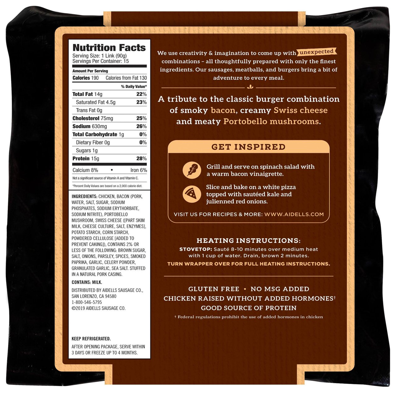 Aidells Bacon, Mushroom & Swiss Cheese Smoked Chicken Sausage 48 oz (3 lbs) - Image 1