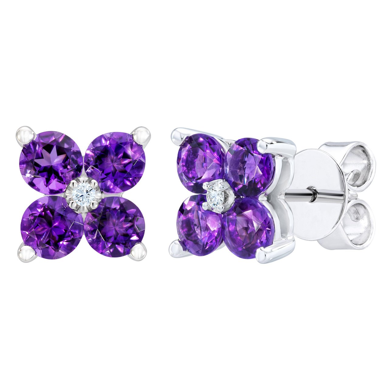 14kt White Gold 0.01ctw VS2 I Diamond and Amethyst Flower Stud Earrings - Image 1