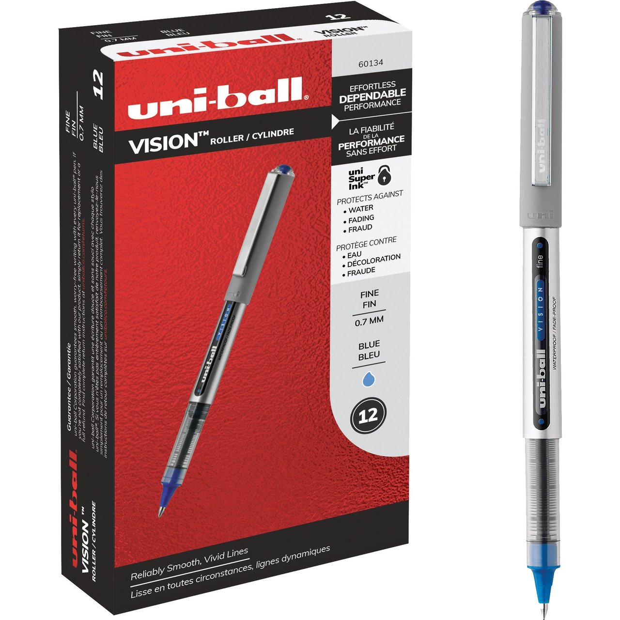 Uni-Ball Vision Rollerball Pen, Fine Point 0.7mm, Blue Ink, 12 Count - Image 1