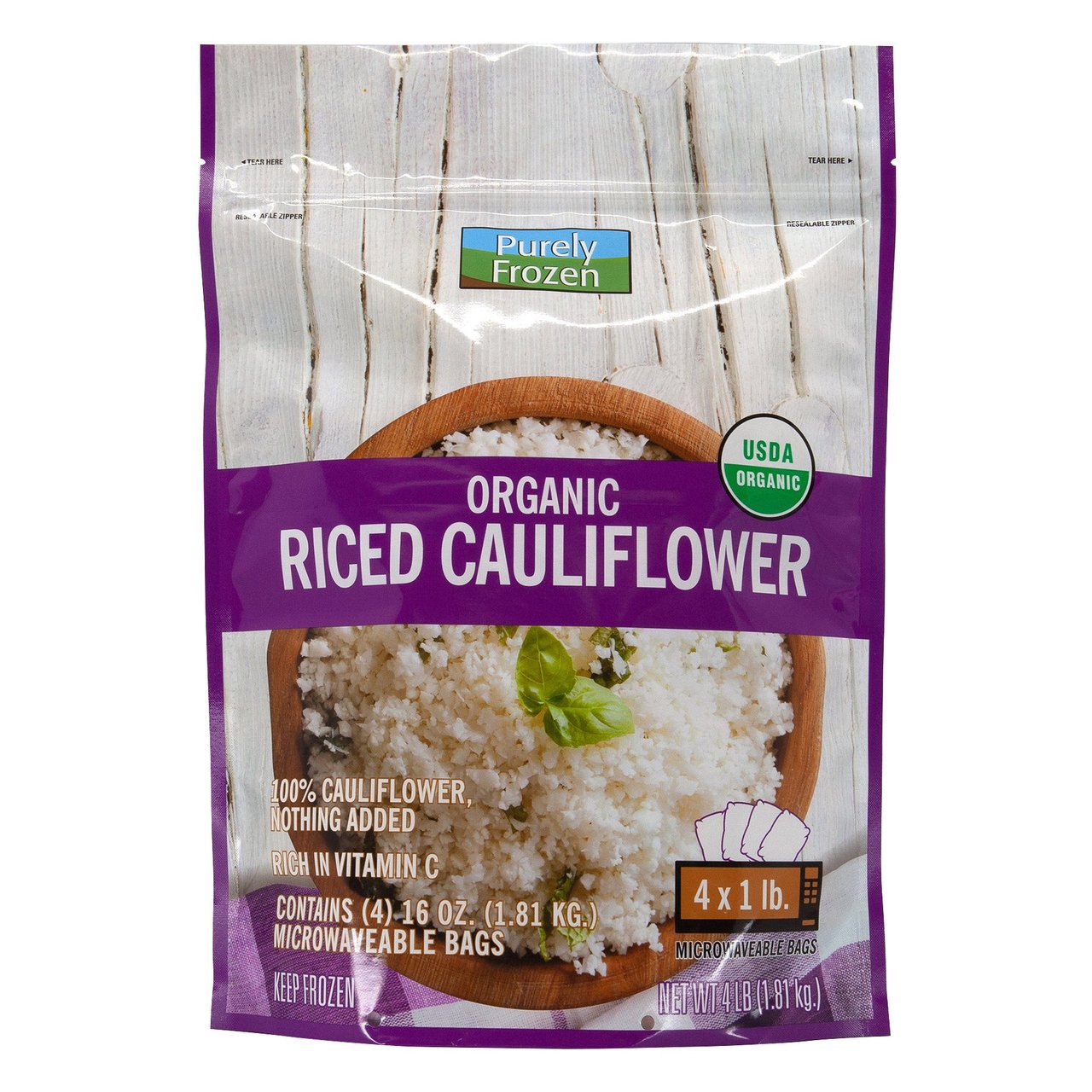 Purely Frozen Organic Riced Cauliflower 4/1 lb Bags - Image 1