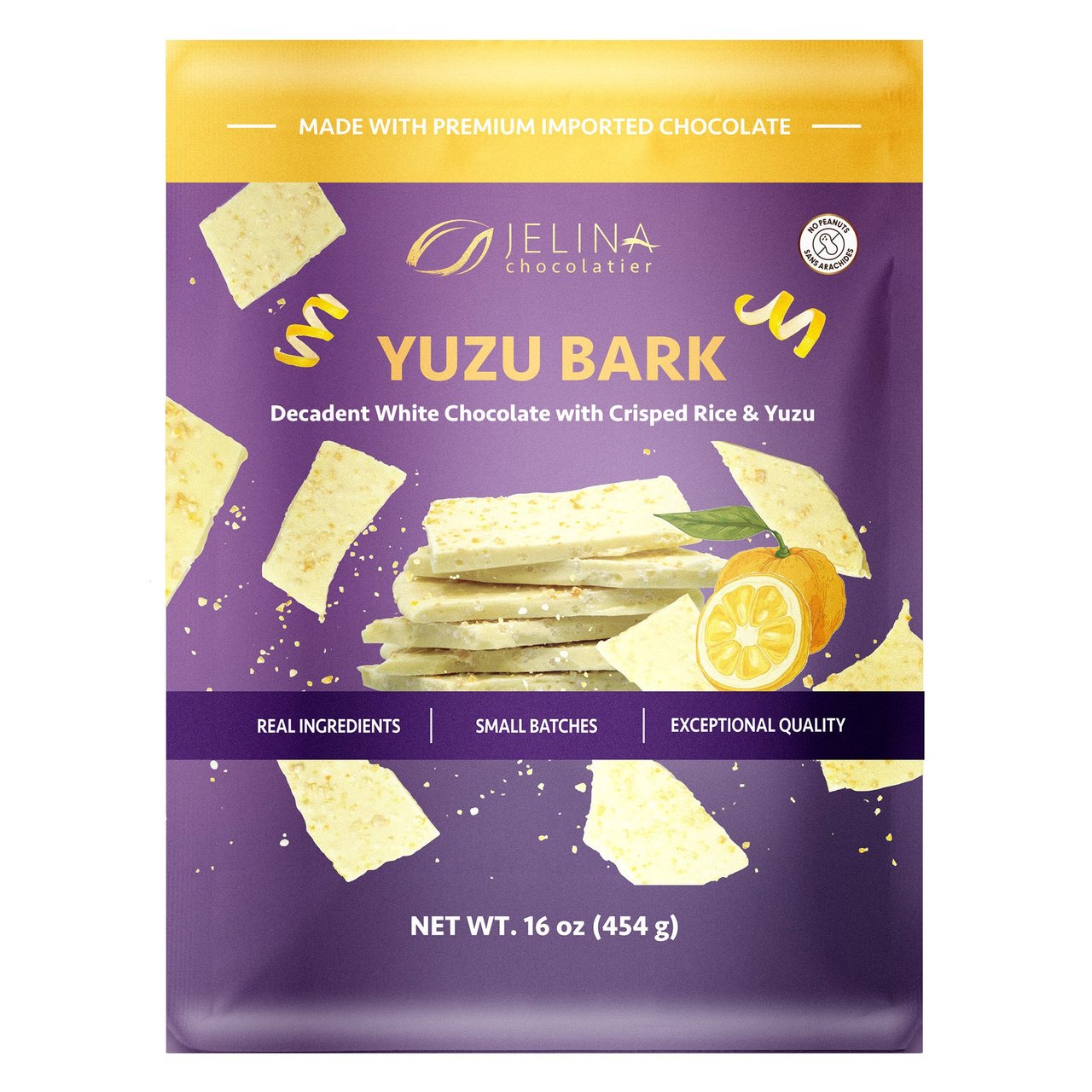 Jelina Chocolatier Yuzu White Chocolate & Crisp Rice Bark 16 oz (1 lb)