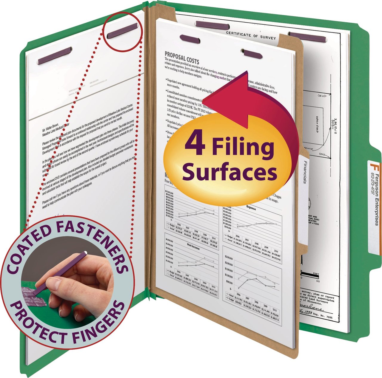 Smead SMD13733 Pressboard Classification File Folders with SafeSHIELD Fasteners, Letter Size, Green, 10-Pack - Image 1