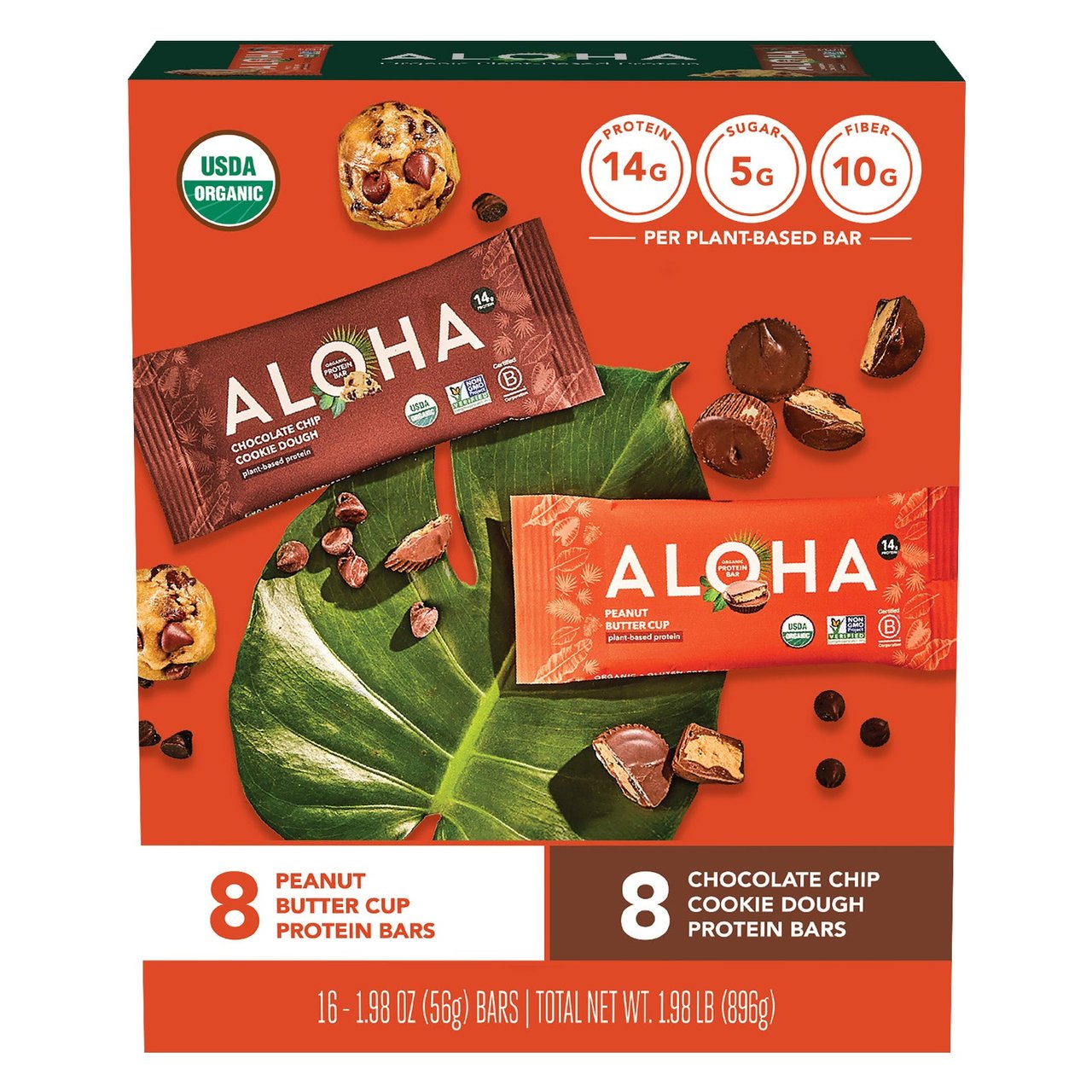ALOHA Organic Peanut Butter & Chocolate Chip Protein Bar Variety, 16 Bars, 1.98 oz Each - Image 1