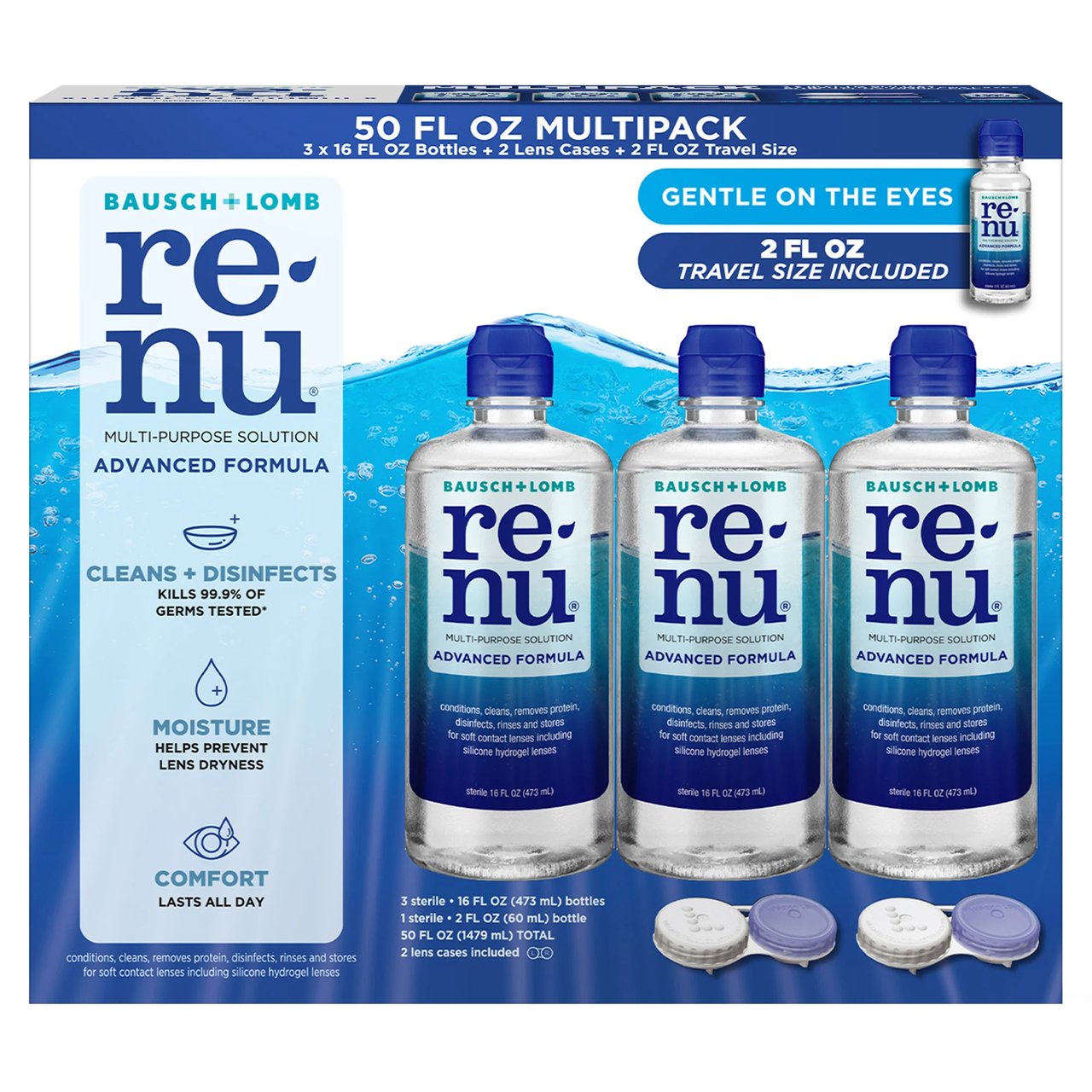 Bausch & Lomb ReNu Advanced Multi-Purpose Solution, 3 x 16 oz + 2 oz Travel Size - Image 1