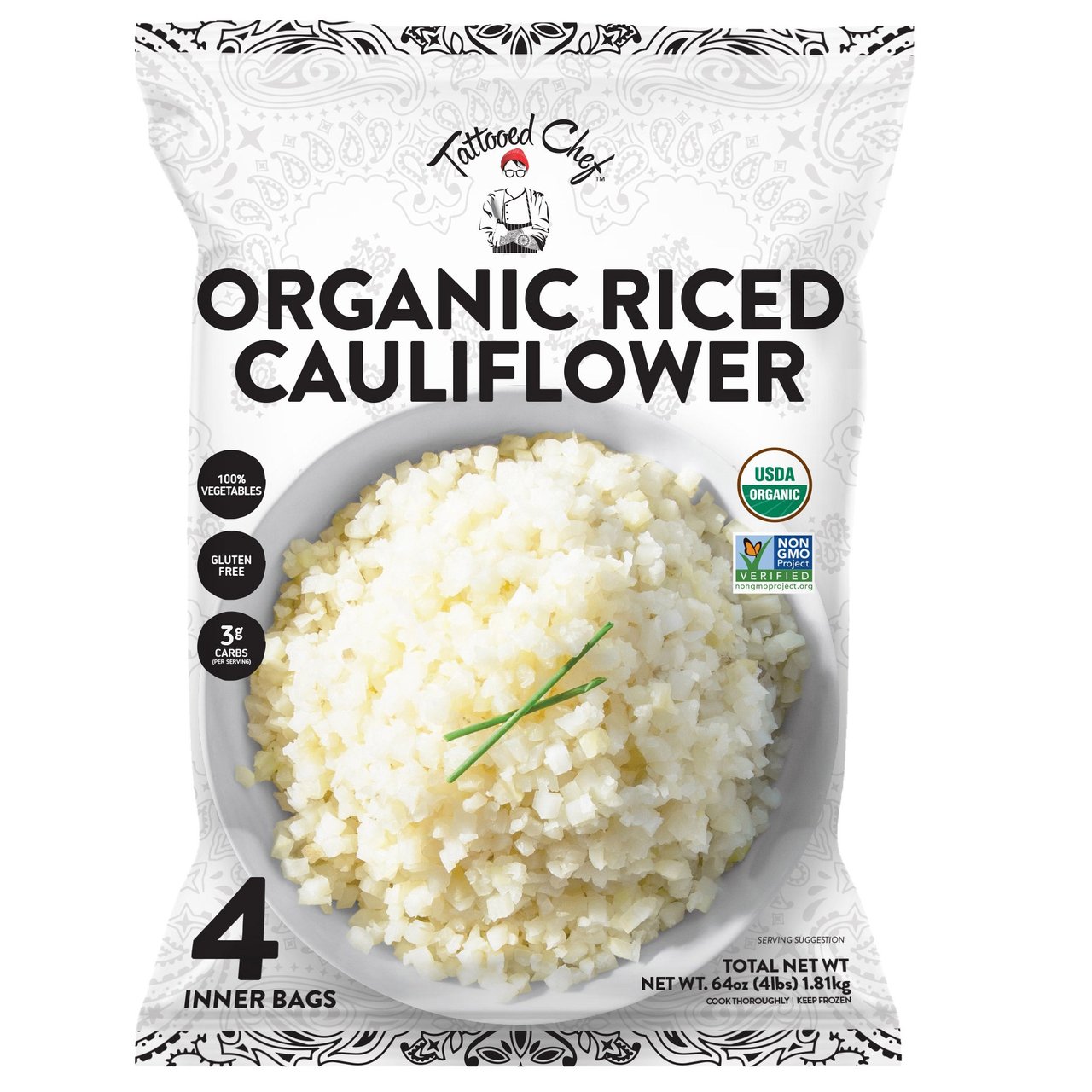 Tattooed Chef Organic Riced Cauliflower, 4 x 1 lb - Image 1