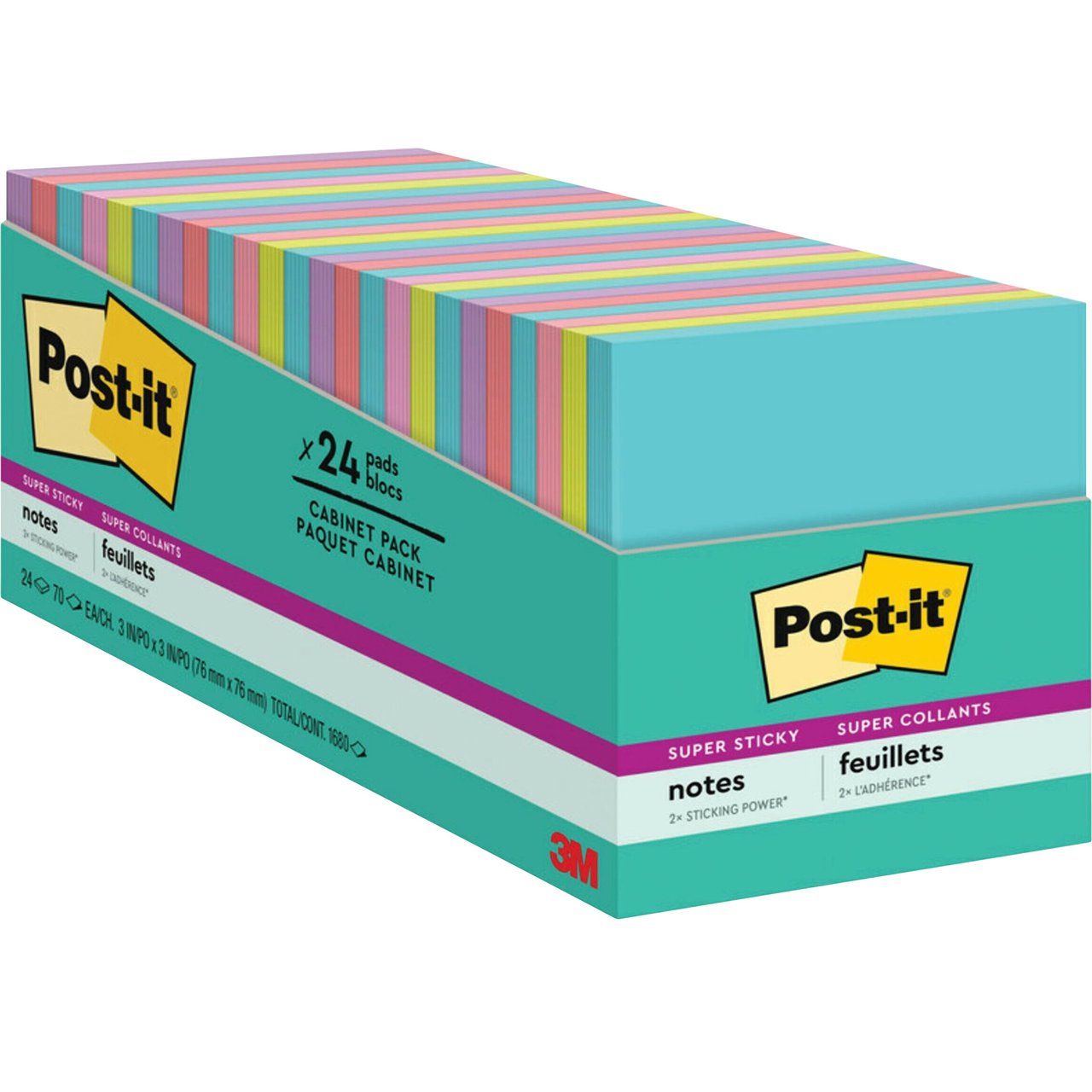 Post-it Super Sticky Notes, Miami Collection, 3" x 3", 24 Pads, 70 Sheets/Pad - Image 1