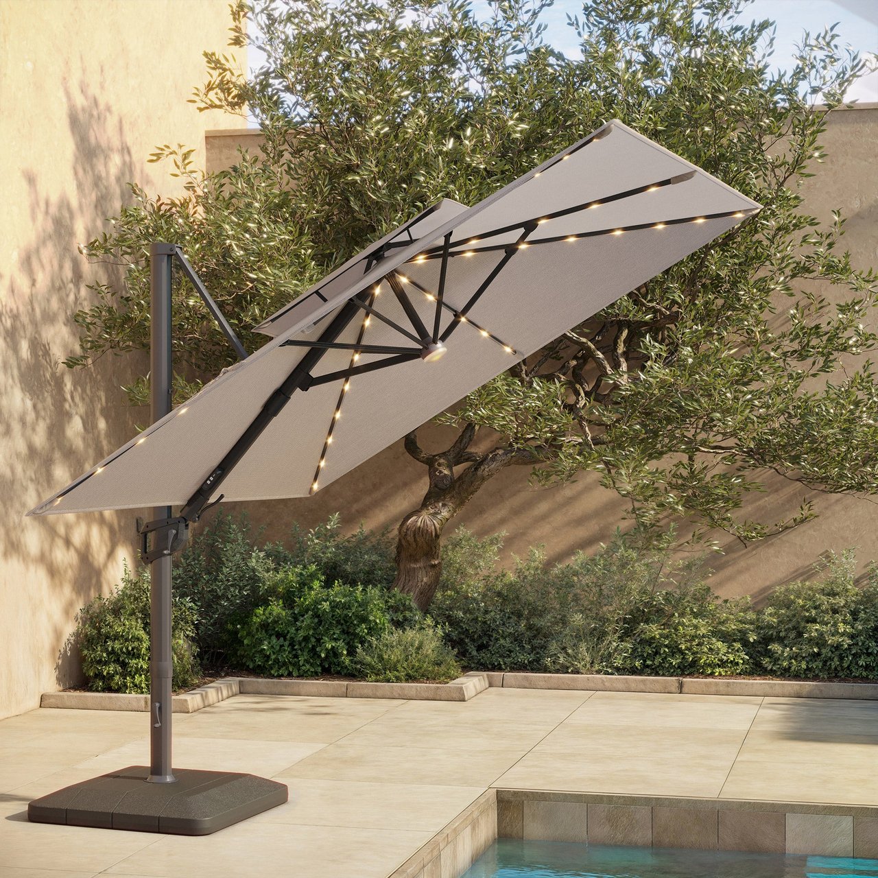 15 double sided twin outdoor patio umbrella cover 15ft Solar Double-Sided Patio Extra Large Twin Umbrella with Led Light