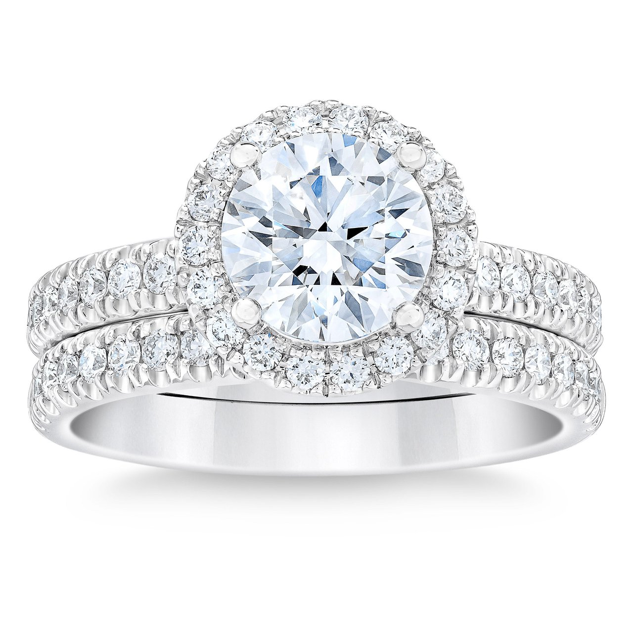 Diamond Halo Bridal Ring Set, 14K White Gold, 2-Piece - Image 1