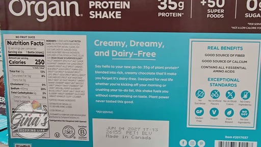 Orgain Dairy-Free Plant Protein Shake, 14 fl oz, 12-Pack