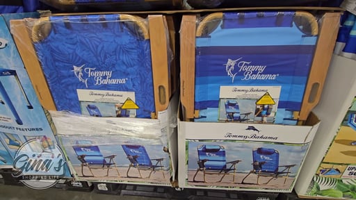 Tommy Bahama Hi-Boy Beach Chair Wood Grain Finish Blue Palm/Blue Stripe