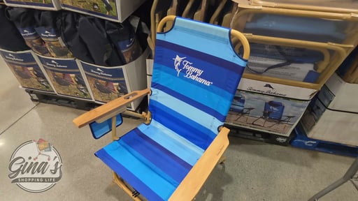 Tommy Bahama Hi-Boy Beach Chair Wood Grain Finish Blue Palm/Blue Stripe