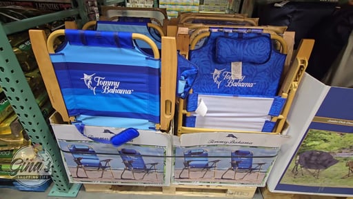 Tommy Bahama Hi-Boy Beach Chair Wood Grain Finish Blue Palm/Blue Stripe