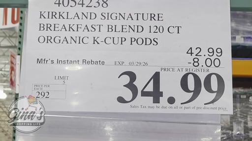 Kirkland Signature Breakfast Blend 120 ct Organic K-Cup Pods